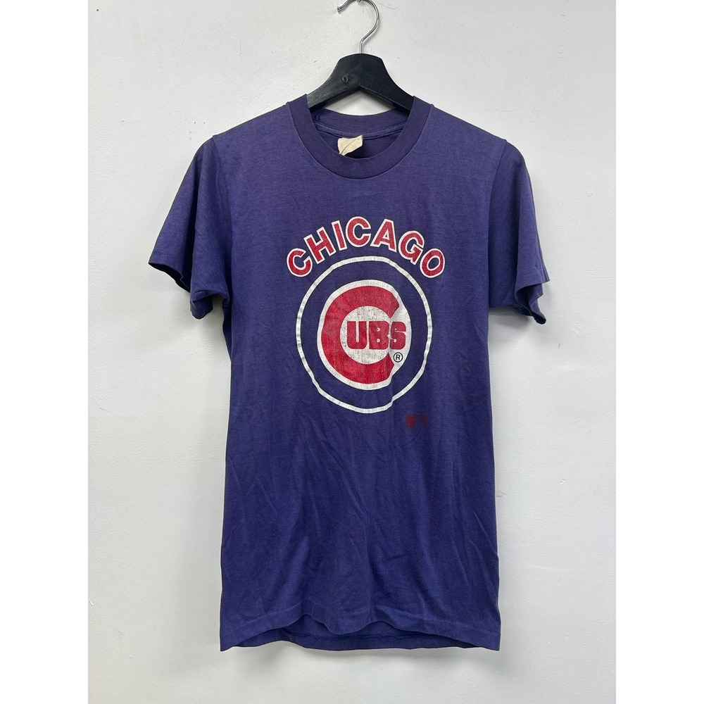 Vintage Chicago Cubs Shirt Mens Small Blue MLB Baseball Graphic Tee 80s Faded
